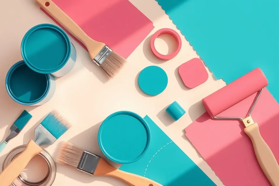 Pots de peinture, nuancier, brosses et rouleaux disposés à plat