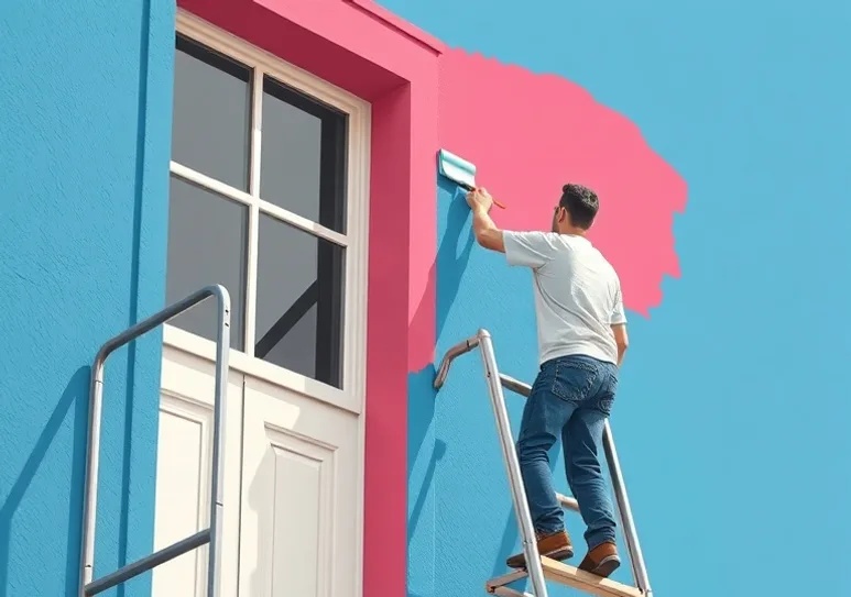 Peintre sur échafaudage traitant la façade d'une maison
